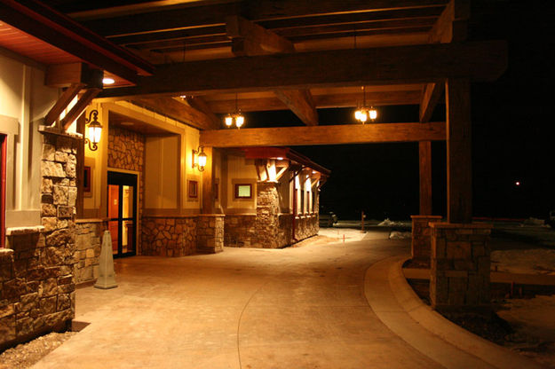 Front Entrance at Night. Photo by Dawn Ballou, Pinedale Online.