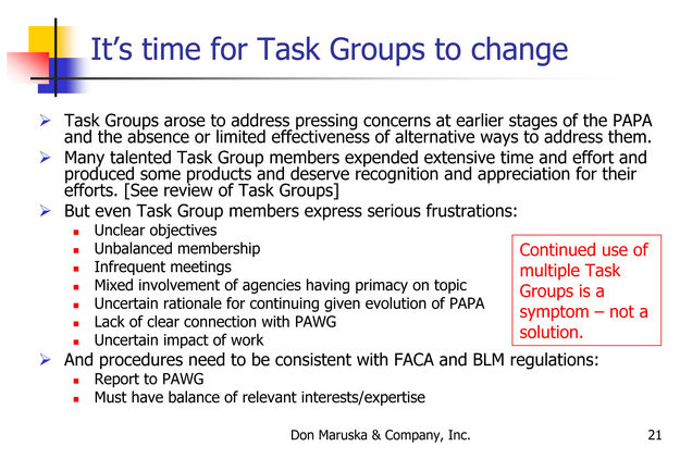 Time for Task Groups to Change. Photo by Don Maruska & Company, Inc..