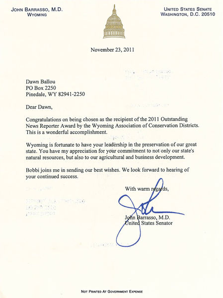 Senator Barrasso letter. Photo by Pinedale Online.