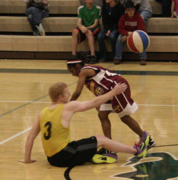 Tyler gets fouled. Photo by Dawn Ballou, Pinedale Online.