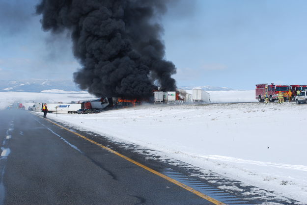 I-80 Pile-up west of  Laramie. Photo by Wyoming Highway Patrol.