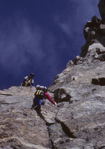 Climbing Sacagawea. Photo by Fred Pflughoft.