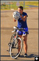 Out of Pool onto Bike. Photo by Terry Allen.