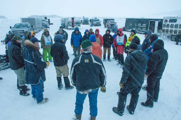 Morning musher meeting. Photo by Chris Havener, Pedigree Stage Stop Race.