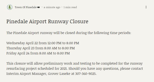 Runway closures. Photo by Town of Pinedale.
