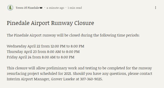 Runway closures. Photo by Town of Pinedale.