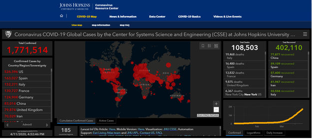 World COVID-19 numbers. Photo by Johns Hopkins University of Medicine.