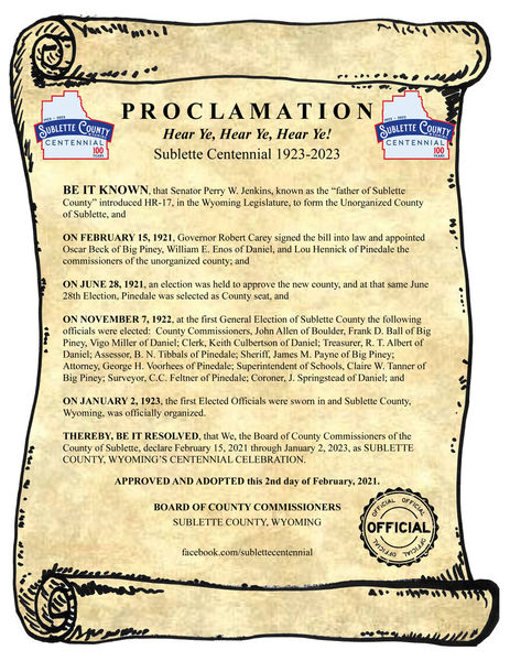 Proclamation. Photo by Sublette Centennial Committee.