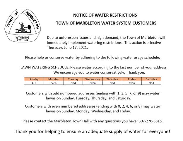 Marbleton watering restrictions. Photo by Town of Marbleton.